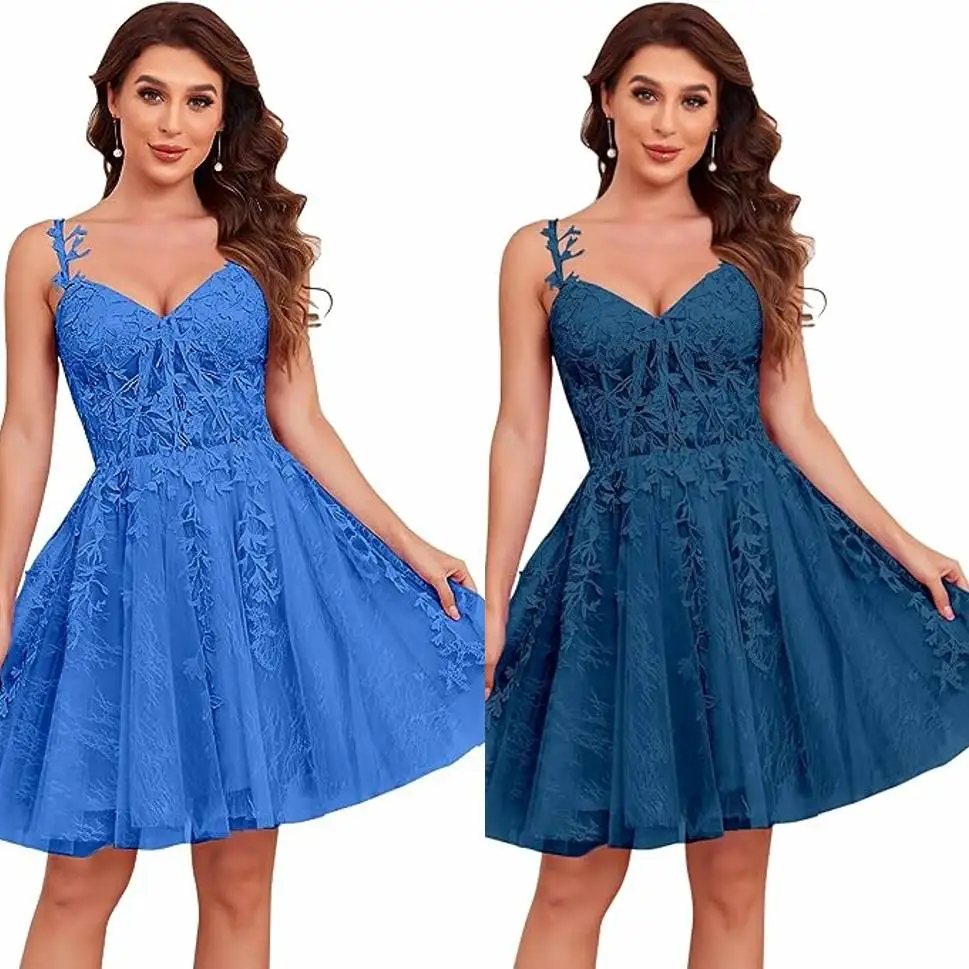 Short Homecoming Dresses for Teens Lace Applique Tulle Spaghetti Straps Prom Dress Mini Cocktail Party Dress Free customization