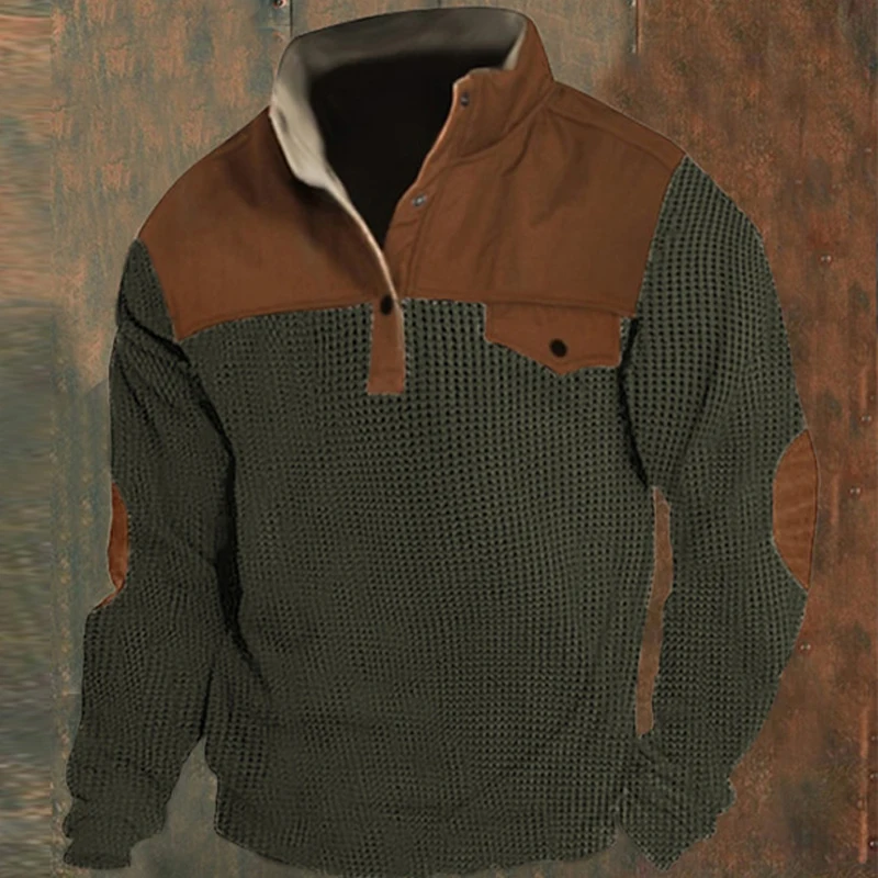 

New Autumn Winter Corn Men Kernel Button Mock Collar Sweatshirt Men Patchwork Streetwear Pullover Top Man Stand-Up Collar Hooded