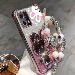 Airbag Glitter Mirror Rabbit Phone Holder Case with Anti - Knock Stand Back Cover - Reno 4 Lite (Rose gold)