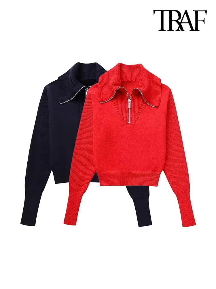 

TRAF Women Fashion With Zipper Knit Sweater Vintage High Neck Long Sleeve Female Pullovers Chic Tops