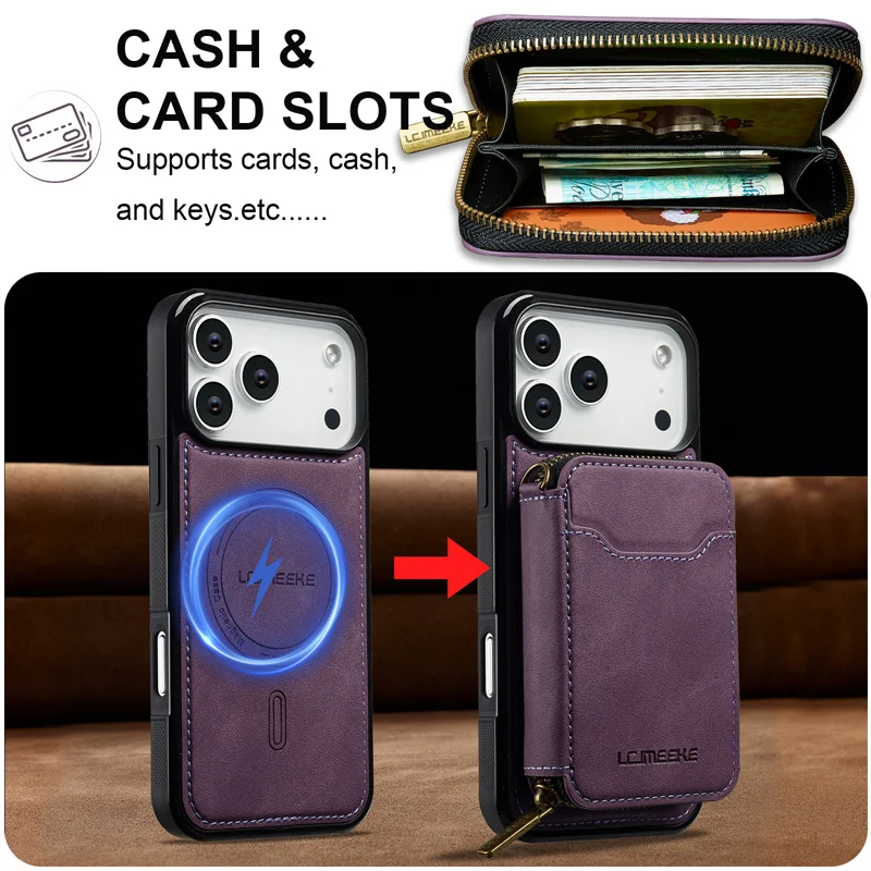 Magnetic Dual-Function Leather Wallet Phone Case with Zipper Card Holder