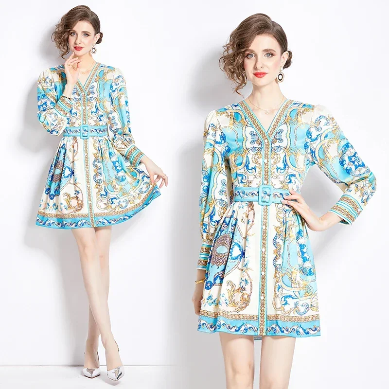 

Spring/Summer Palace Style High-end Niche Dress Vintage Print V-Neck Breasted Sashes Slim Fit Temperament Short Skirt For Women