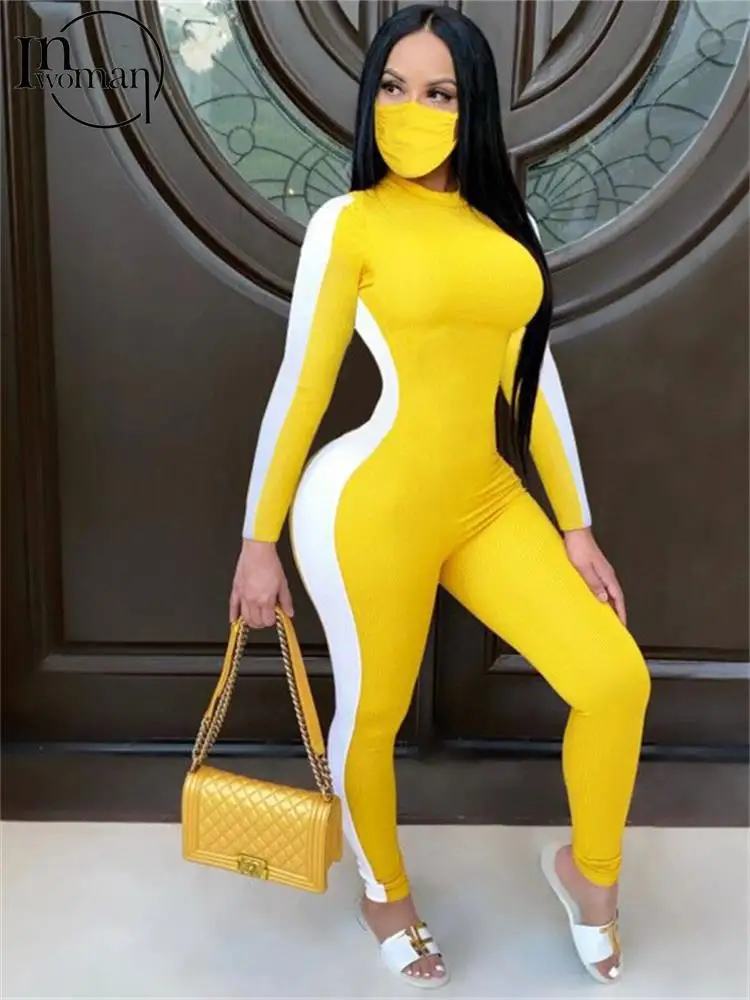 

Inwoman Fall Sexy Patchwork Bodycon Jumpsuits Club Outfits For Women 2023 Long Sleeve O Neck One Pieces Female Casual Tacksuit