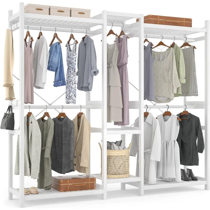 

Bamboo Clothes Rack, Large Closet System Clothing Rack for Hanging Clothes, Freestanding Garment Rack with Shelves and 5 Rods