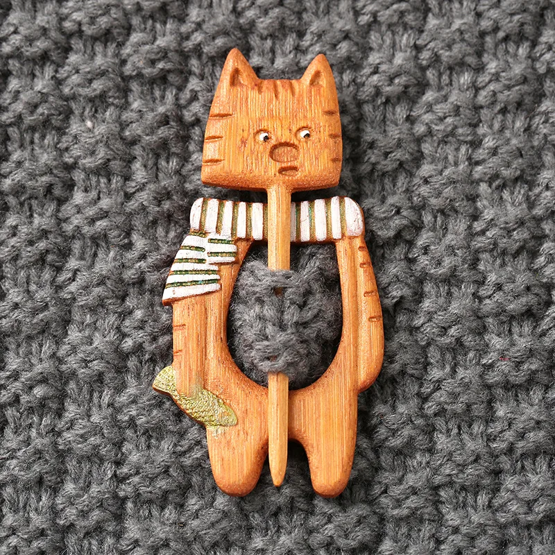 Brooch Pin With Wooden Animal Pattern Diy Craft Badge Cartoon Pin Funny Cute Shawl Scarf Buckle Clasp Pins Jewelry Gift