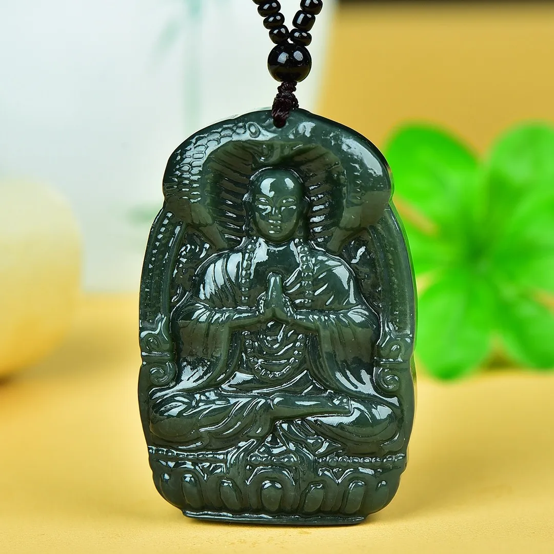 

Natural Green Jade Tathagata Buddha Pendant Necklace Men Women Chinese Hetian Jades Buddha Lucky Charms Amulet Sweater Chain