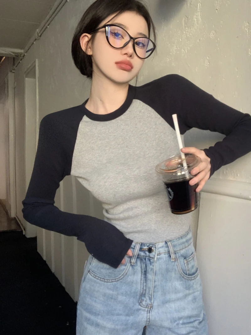 

2023 Shirts for Women Streetwear Casual Tshirts Contrast Color Long Sleeve Fashion Tees 2023 Ropa Mujer Vintage Y2k T Shirt Tops