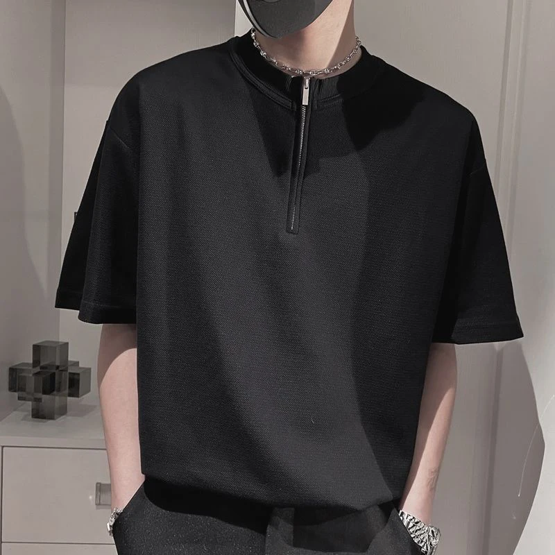 

Zipper Summer Men O Neck Short Sleeve T Shirt Vintage Fashion Casual Oversized Streetwear Top Black White 2023 New Casual Plain