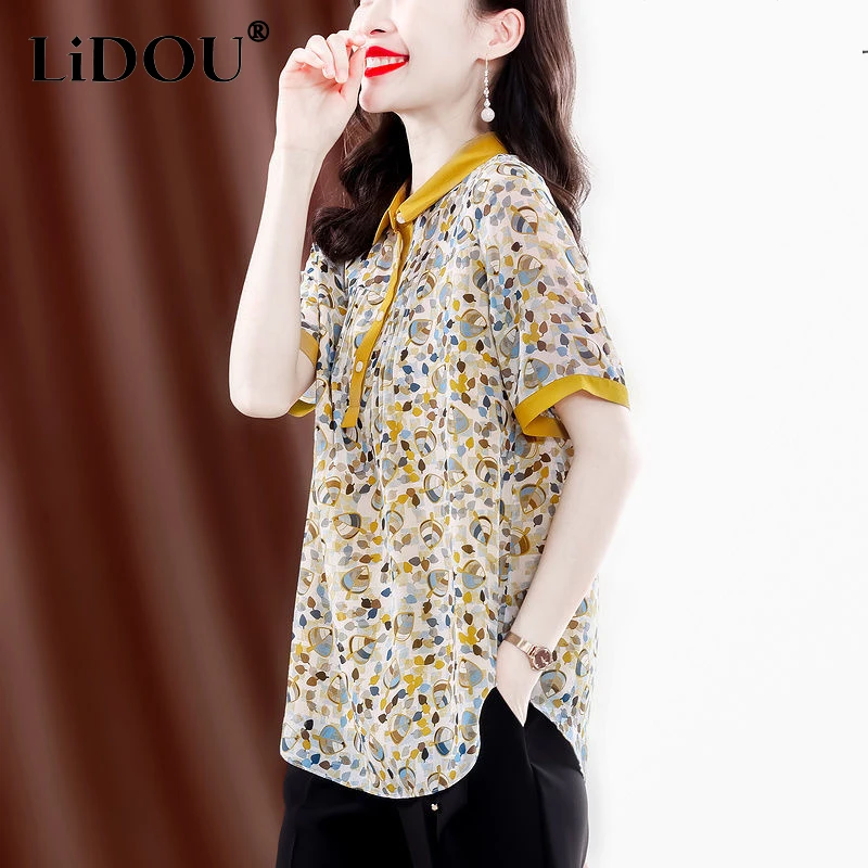 

Summer Fashion Oversized Polo-neck Printing Loose Casual Shirt Women Short Sleeve Elegant All-match Catdigan Blouse Female Top