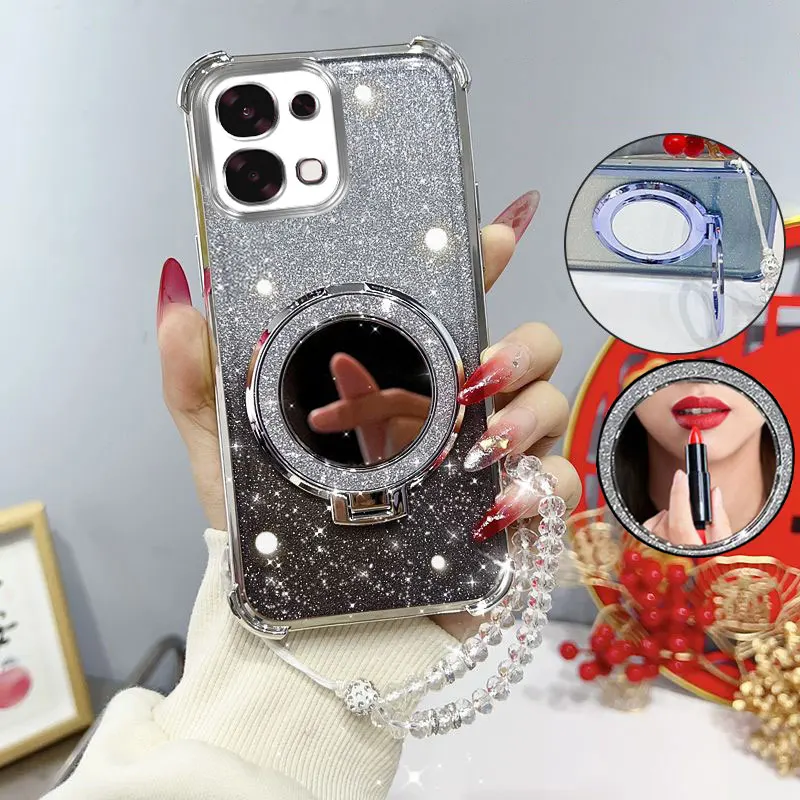 Glitter Shockproof Phone Case with Mirror Stand and Beaded Strap