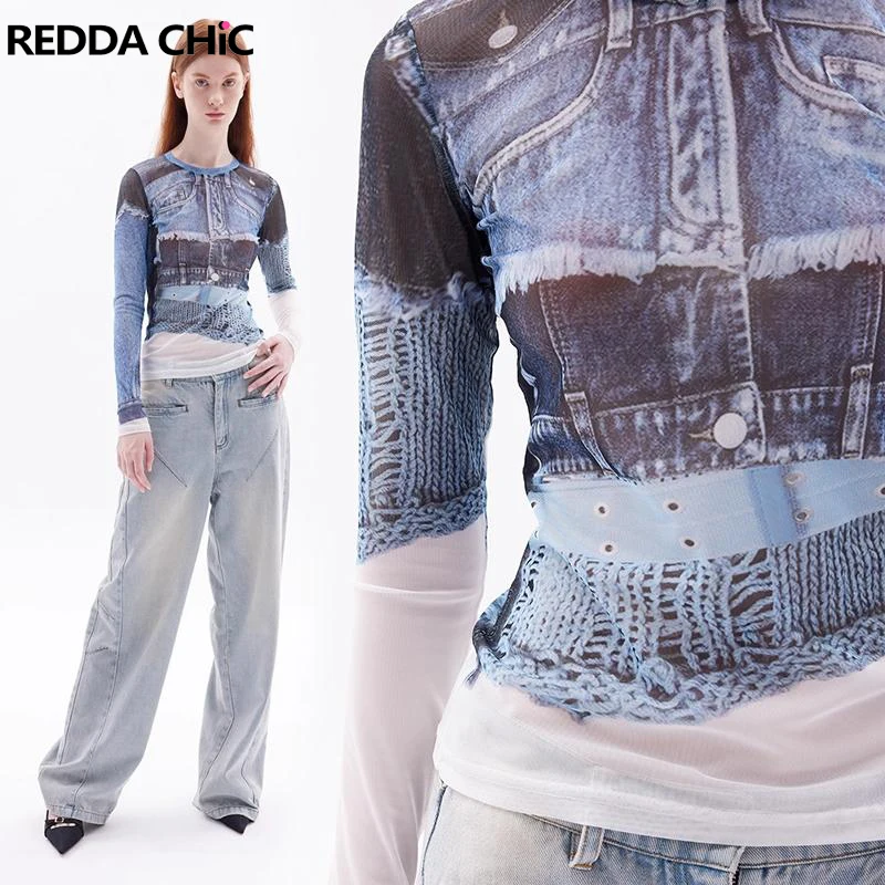 

Женская футболка с длинным рукавом ReddaChic в эстетике Y2k, топ из денима с принтом, сетчатая майка, винтажная уличная одежда в стиле Харадзюку