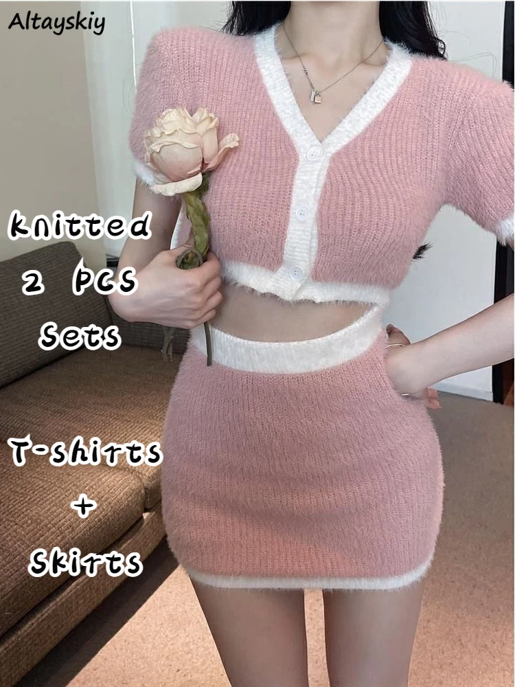 

Женский трикотажный комплект из 2 предметов, футболка с коротким рукавом и юбка-футляр в стиле пэчворк, милый привлекательный облегающий костюм в Корейском стиле, Y2k