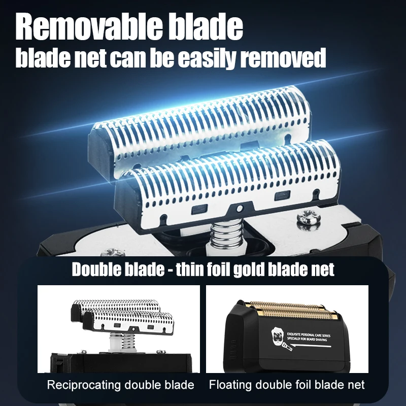 전문가용 남성 전기 왕복식 면도기 고출력 이중 포일 LED 디스플레이 무선 수염 트리머 (예비 면도날 헤드 포함)