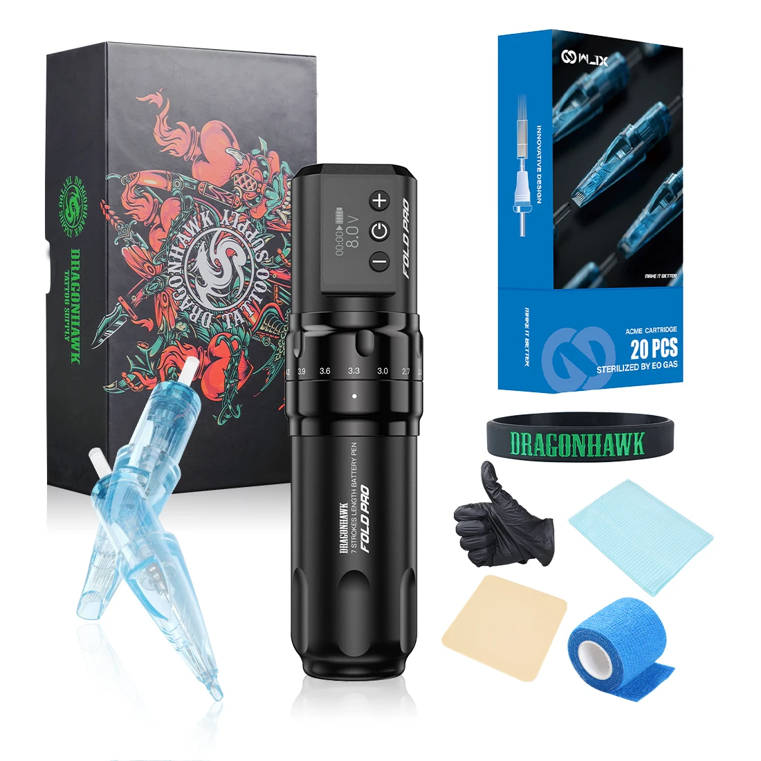 Dragonhawk Fold Pro with WJX Cartridge Needle Tattoo Machine Kit