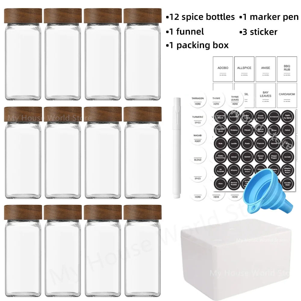 Pots à épices en verre avec couvercles en bambou, 13 pièces, pots en verre de 4oz, ensemble de pots d'épices, pots d'assaisonnement, organisateur, bouteilles de rangement pour porte-épices