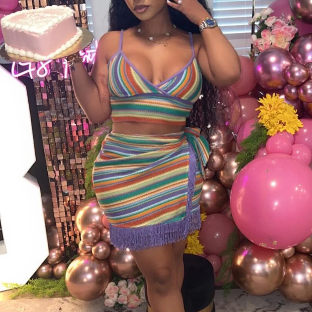 

Striped 2 Piece Skirt Sets Sexy Crop Tops Beach Wear Bikini Outfit 2023 Summer Women Streetwear Sexy Fringe Mini Dress Outfits