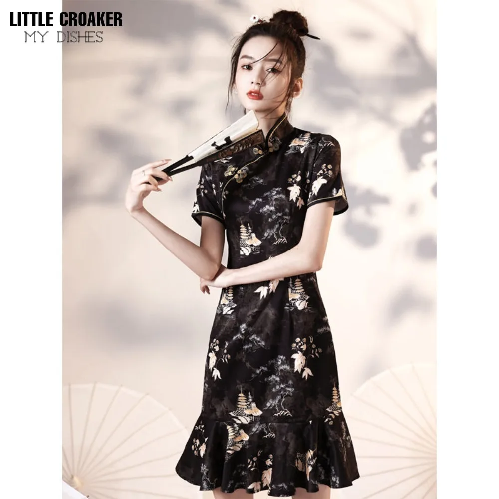 

Women Qipao Chinese French Modified Cheongsam Young Black Little Girl Summer Retro Chinoiserie Fishtail 2023 New Short Style