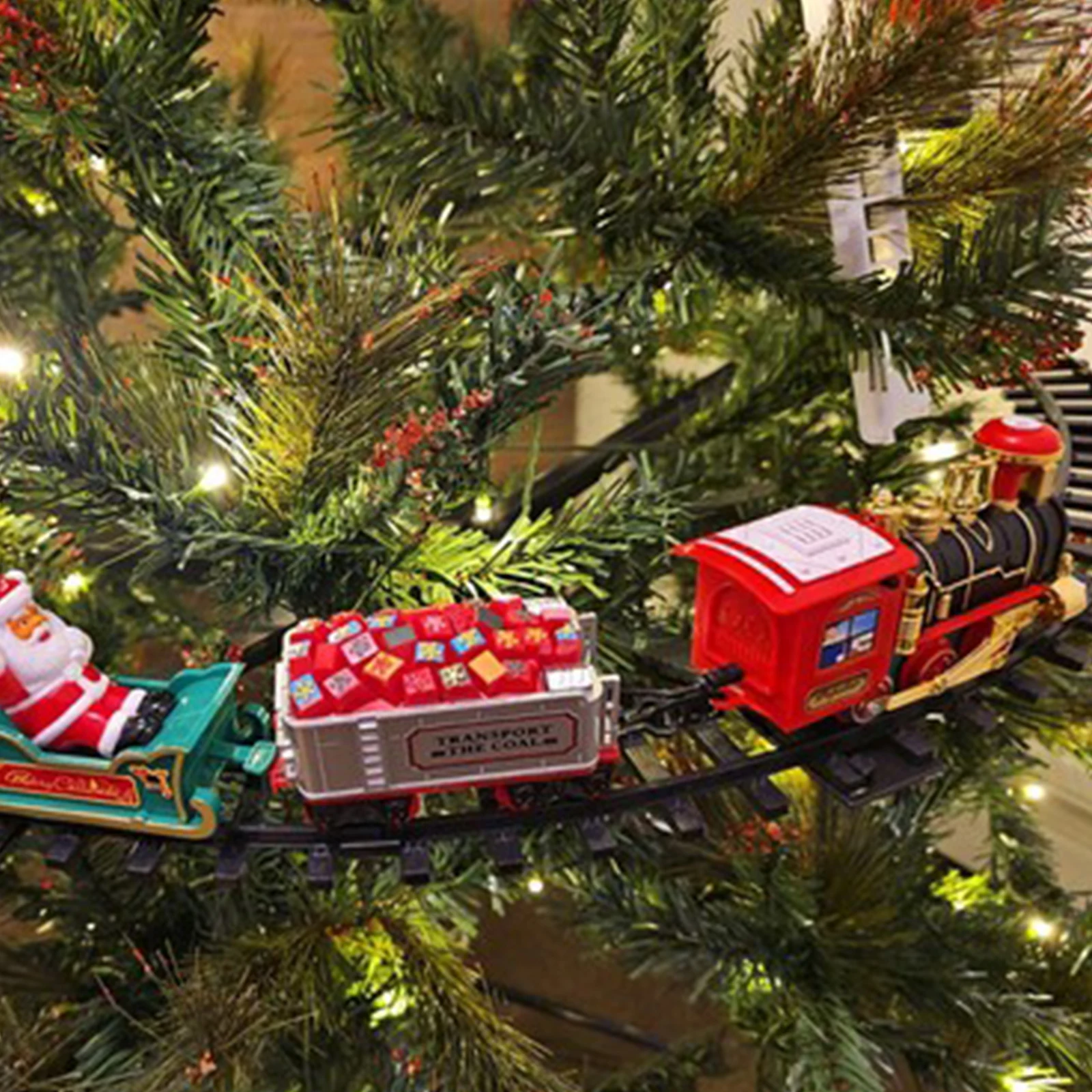 Battery Operate Railway Train with Sound&Light Hanging Railway Car Toys Kids Xmas Electric Toys Xmas Train Tree Decoration Track