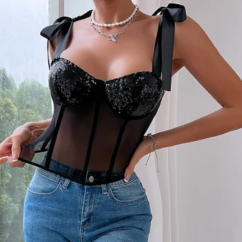 Top de encaje de empalme con purpurina, top halter de hueso de pescado, Bazaar, se puede usar en el exterior 5