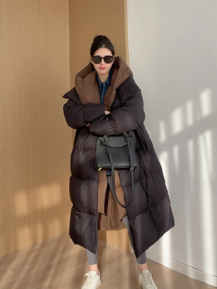 Female Fashion Fake Two-piece Parkas Down Jacket Thick Warm Hooded Long Coat Fluffy White Duck Down Jacket New Winter 2024 3