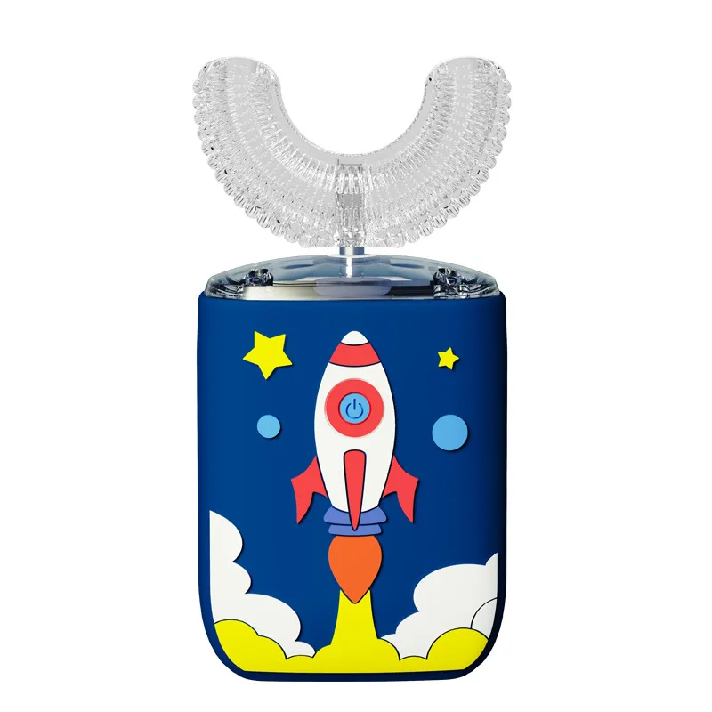 thumbnail image 1 of Cepillo de dientes eléctrico en forma de U para niños, limpiador de dientes de silicona con carga USB, dibujos animados para niños, cepillo de dientes automático de 360°, luz azul, 1 of 5