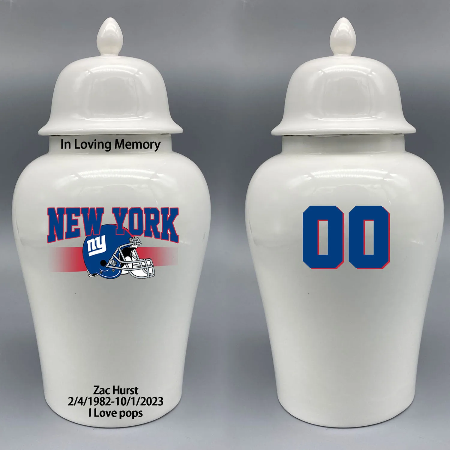 

Large Urn for New York Giants-themed Logo Urn.Please send me the customize information-name/date and number on the urn