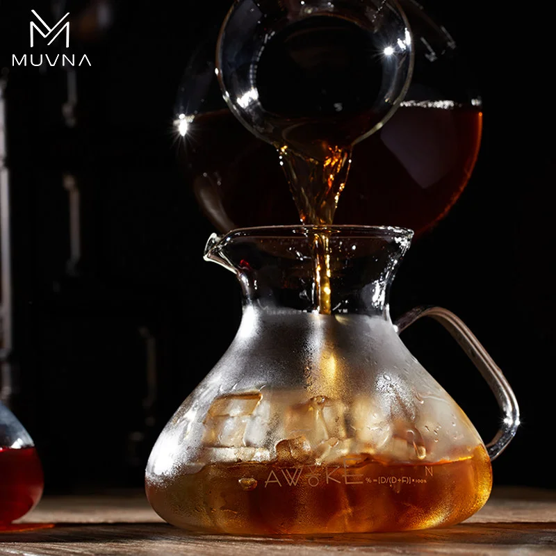 A handmade glass coffee pot from Movena with a capacity of 450 ml, heat resistant, with an eagle beak-shaped spout for pouring cof...