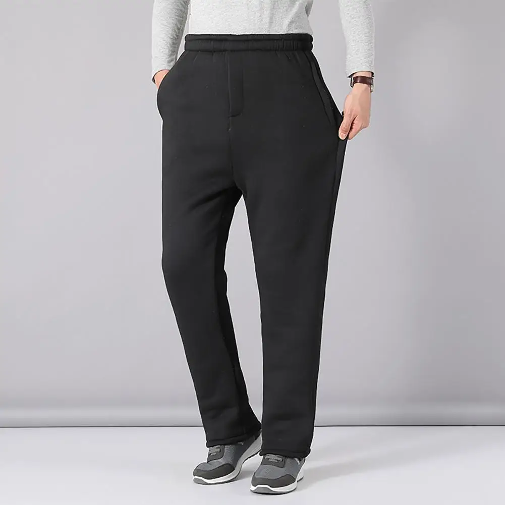 

Men Fleece Pants Mid-aged Men's Loose Wide Leg Warm Sweatpants with Plush Lining Plus Size Pockets Men Pants