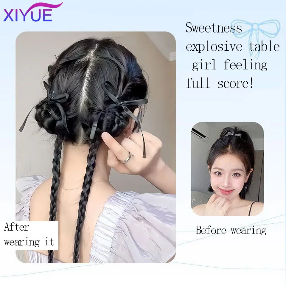 XIYUE Wig Bubble Braid Double Ponytail Fuffy Imitation Fried Dough Twists Braid Ponytail Wig