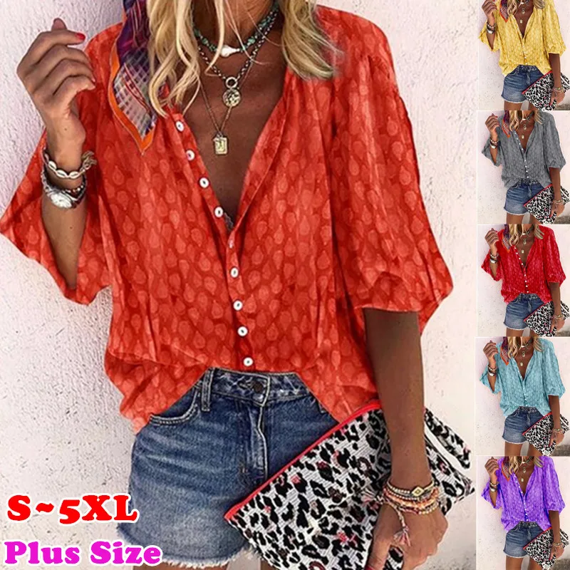 

New Arrival Multicolor Blouse Casual V-neck Half Sleeve Shirts S-5XL