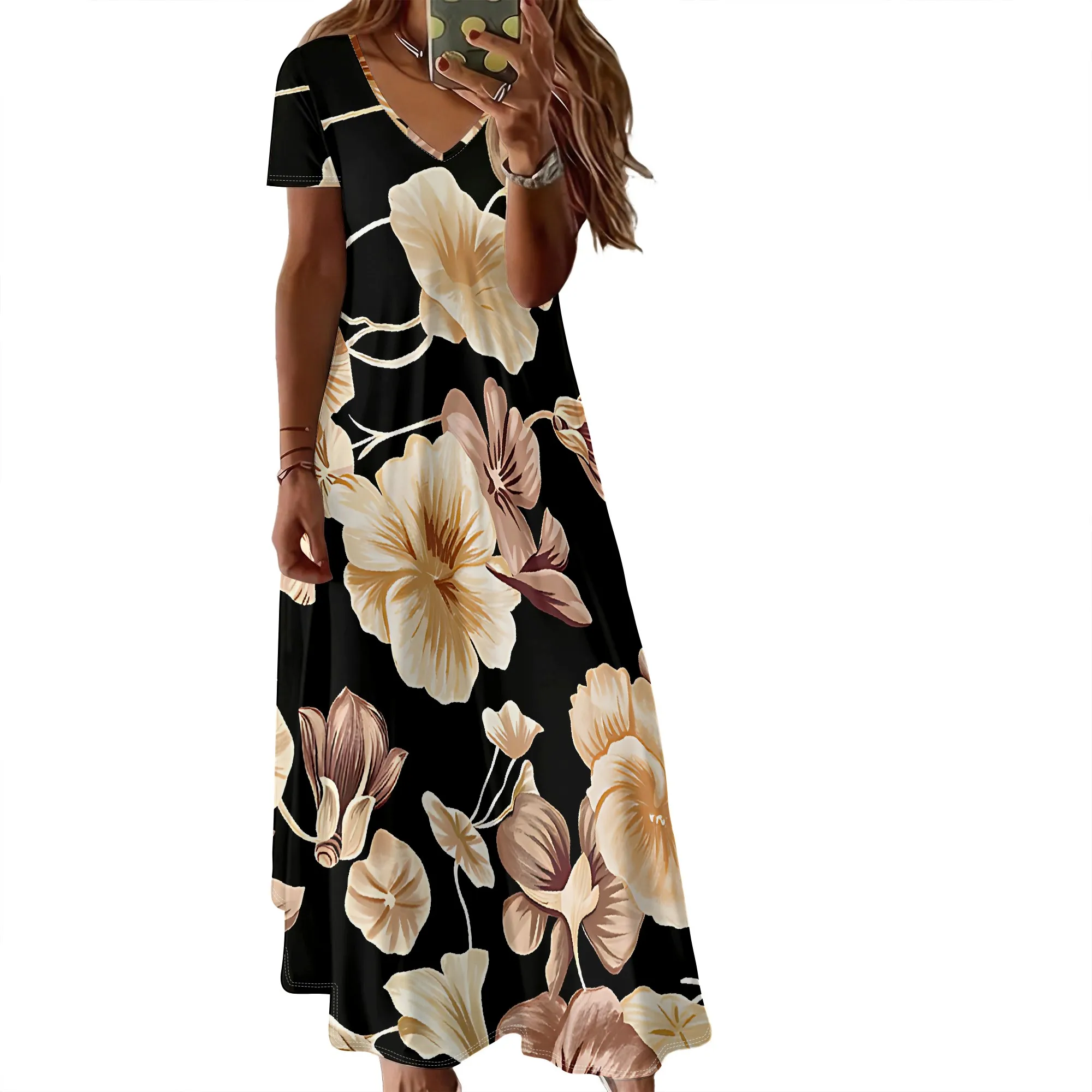 Sommerliches Damenkleid mit Kurzen Ärmeln und V-Ausschnitt, 3D-Modisch Bedrucktes Kleid, Lässiger Urlaubsstil – Detail 8