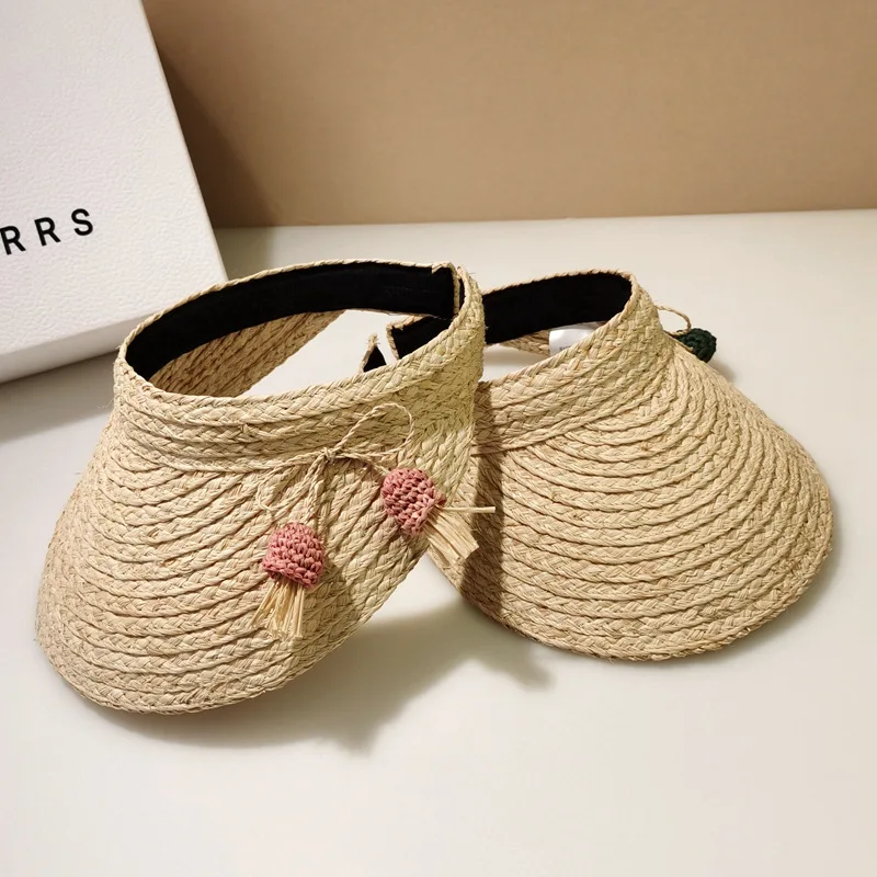

Natural Rafite Empty Top Straw Hat Hairpin Design UV Protection Women's Beach Summer Tasselball Handmade Straw Sun Hat Wholesale