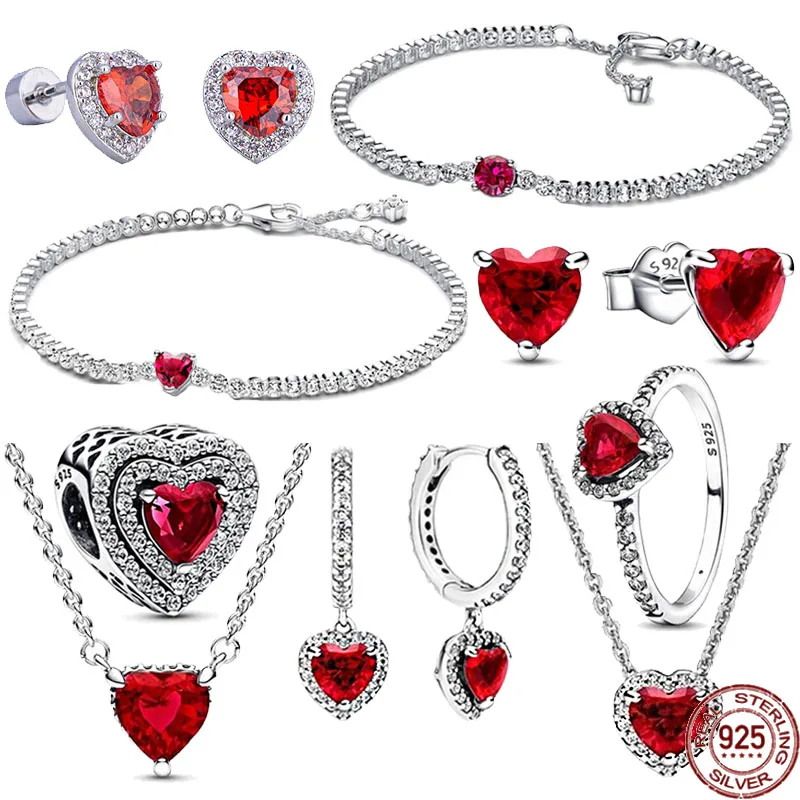 

Лидер продаж, классические серьги-кольца из стерлингового серебра 925 пробы в форме красного сердца, браслеты, изысканные роскошные очаровательные украшения, подходят для подарка «сделай сам»