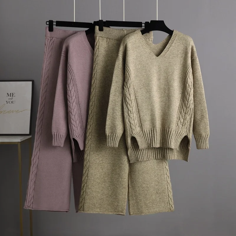 

Two-piece Sets Trend Women New Autumn Twist Knitted Wide Leg Pants Sweater Suit Korean Loose Thick Sweater Temperament Pants