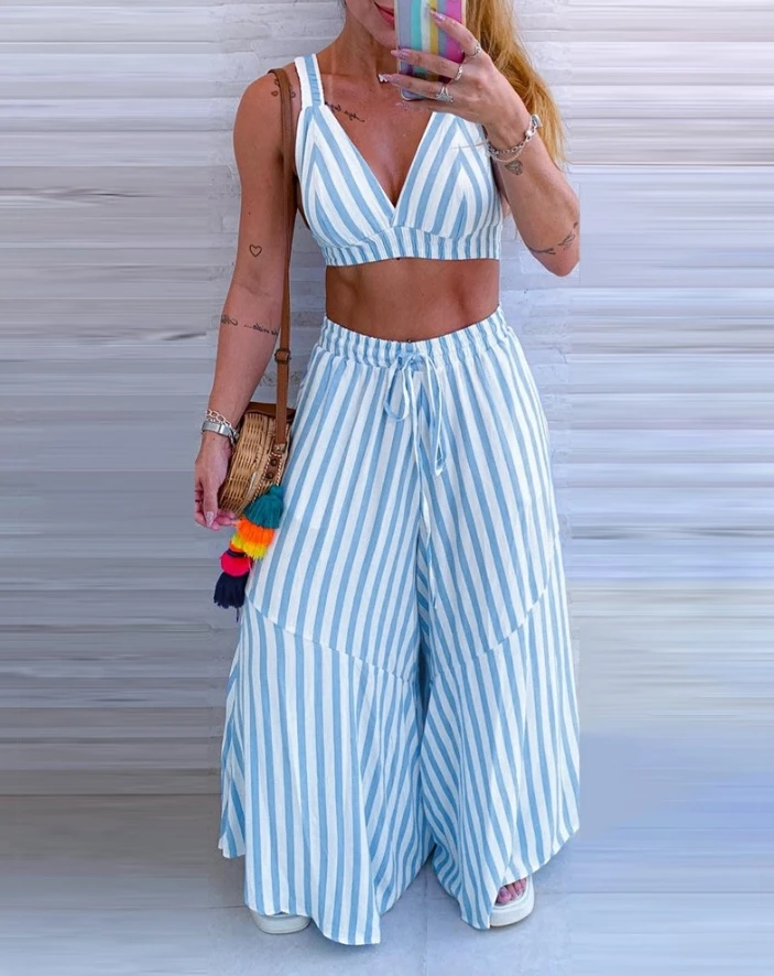 Casual Simple for Women 2024 Pants Sets Spring Summer V-Neck Sleeveless Striped Crop Vest Top & Drawstring Wide Leg Pants Set