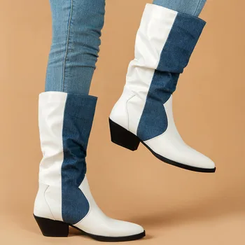 Cowboy Boots For Women Chunky Heel Fashion Slip On Vintage Women'S Casual Shoes Heel Mid Length Boots With Patchwork Boots 5