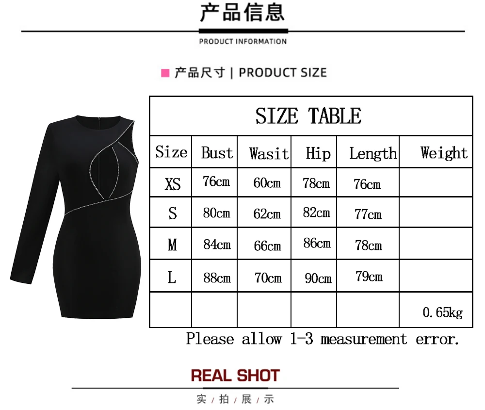 Women's New Black Round Neck One Shoulder Sleeves Decorated Diamond Chain Sexy Dress Women's Tight Party Evening Elegant Dress