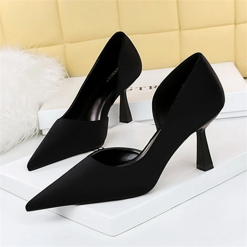 BIGTREE Fashion Simple Sexy Party Stripper Heels Satin Shallow Mouth Pointed Side Hollowed Out Single Shoes Wedding High Heels