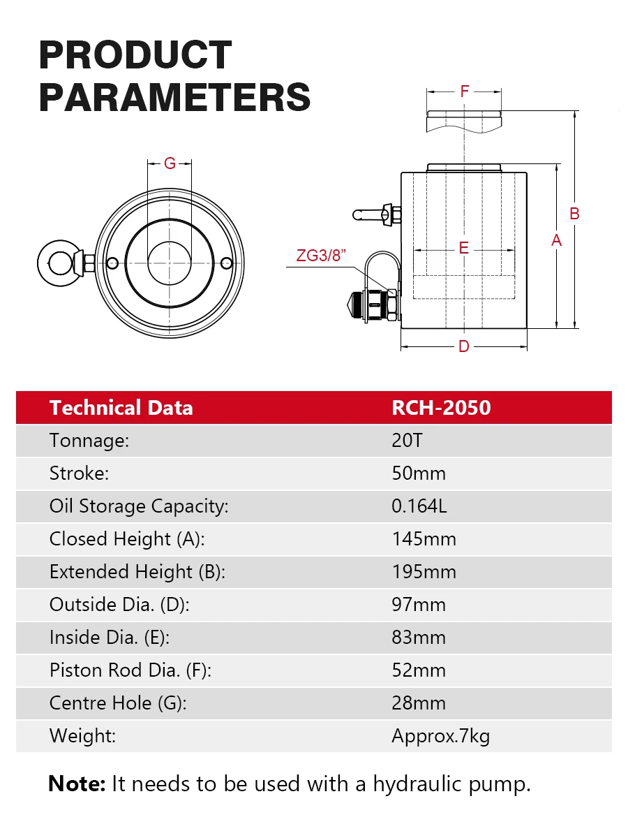 Hydraulic Hollow Plunger Jack 20ton 50mm Hollow Plunger Ram Hydraulic Hollow Cylinder RCH-2050 Hydraulic Lifting Maintenance 3