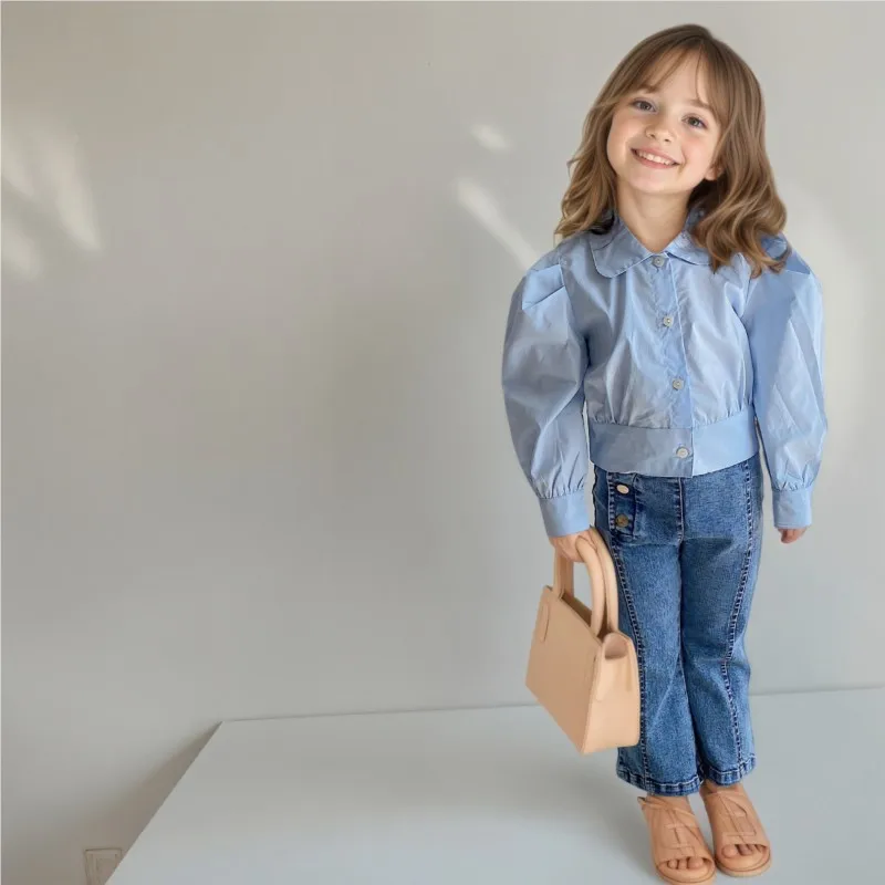  소녀 공주 코튼 블라우스 긴 퍼프 슬리브   아동 셔츠 솔리드 컬러 봄 가을  옷 1-7Y