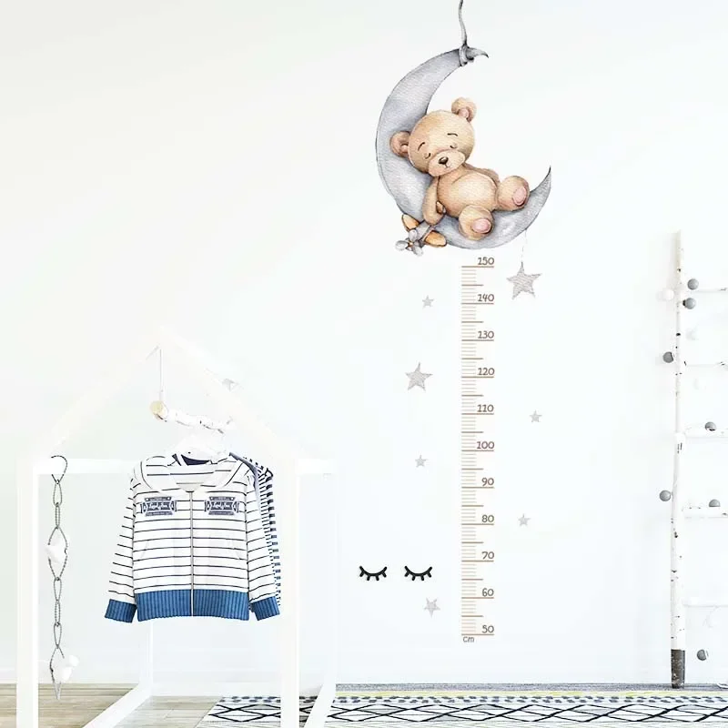 Wall Stickers Sleeping Elephant Bear Moon Height Measure Wall Stickers For Kids Room Growth Chart Animals Ruller Wall Decals Home Decor