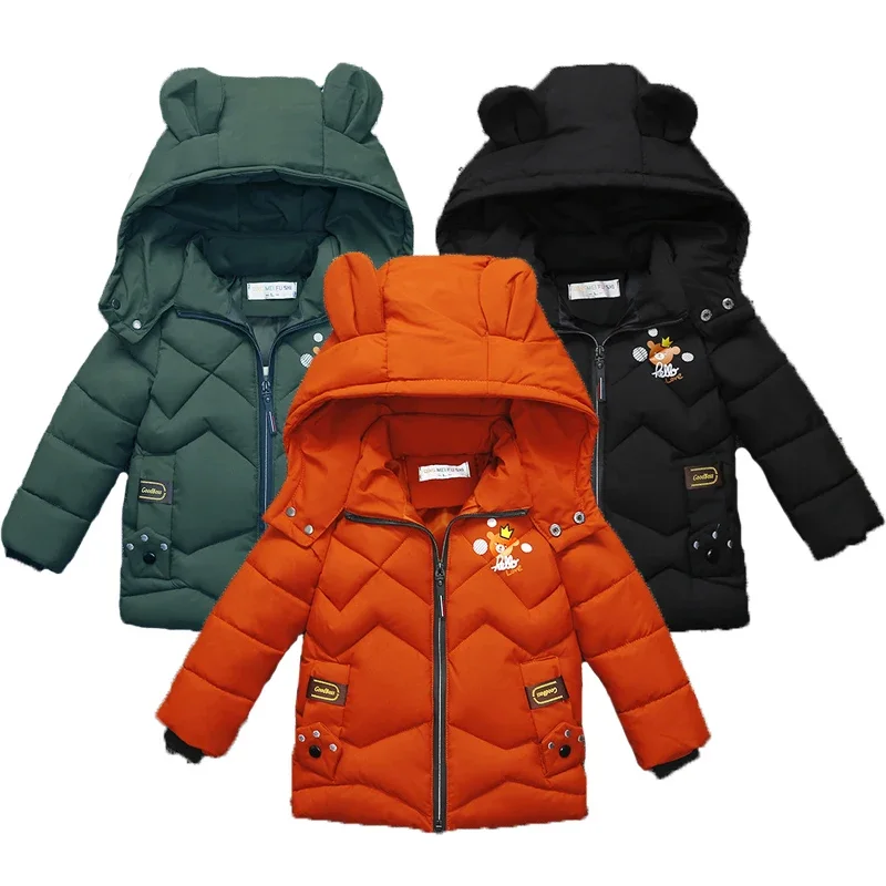 

New Winter Keep Warm Boys Jacket Solid Color Cartoon PatternThick Hooded Outerwear Coat For 2-5 Years Old Kids Boys Windbreaker