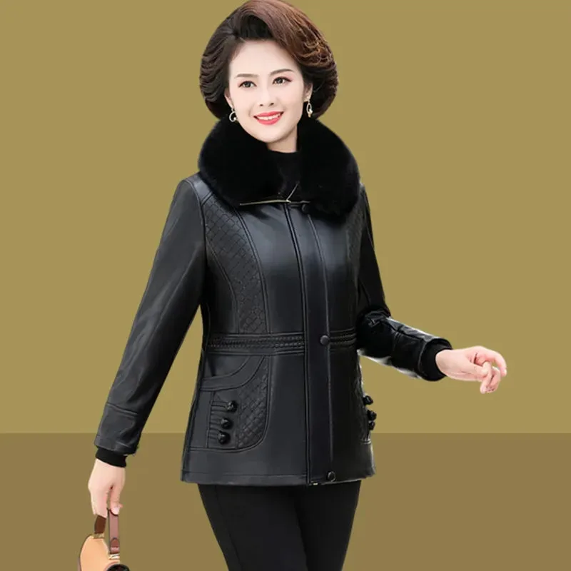 

Middle-Aged And Elderly Mom Winter New Leather Jacket Women Fashion Short Plus Velvet Padded Coat Female Loose Outerwear H3352