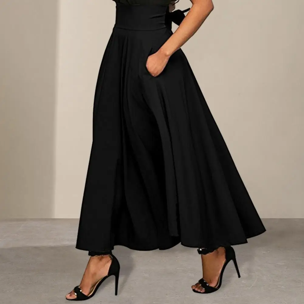 New Boho Vintage Women Pleated Maxi Skirts High Waist Bandage Bownot Party Solid Color Ladies Elegant Pleated Maxi Skirt Clothes