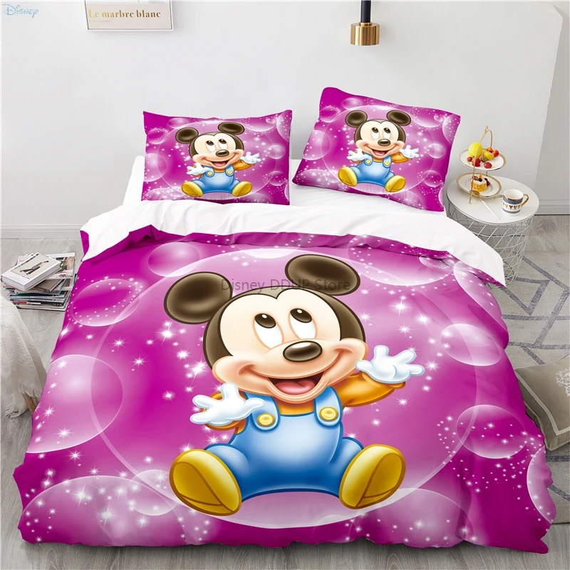 Cute Mickey Mouse Bedding Set Disney Minnie Mouse Duvet Cover Pillowcases Double Twin Full Queen King Child Kids Bedclothes Home 