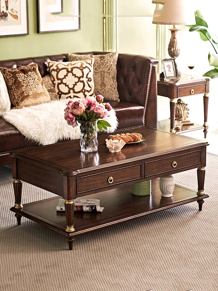 

American light luxury solid wood tea table TV cabinet combination living room high-end home square tea table