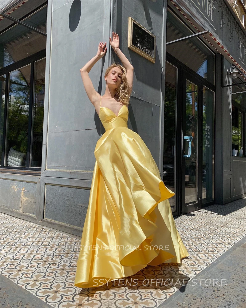 Evening Prom Dresses Formal Occasion Dresses Yellow Satin Sparklelong A Line Spaghetti Straps