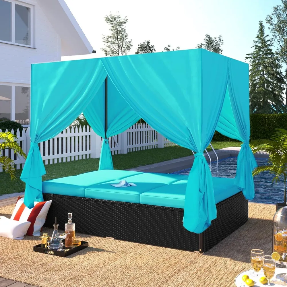 Outdoor Daybed Wicker Sunbed with Rectangular Canopy Curtains and Adjustable Seats, Patio Furniture Set Sectional Sofa