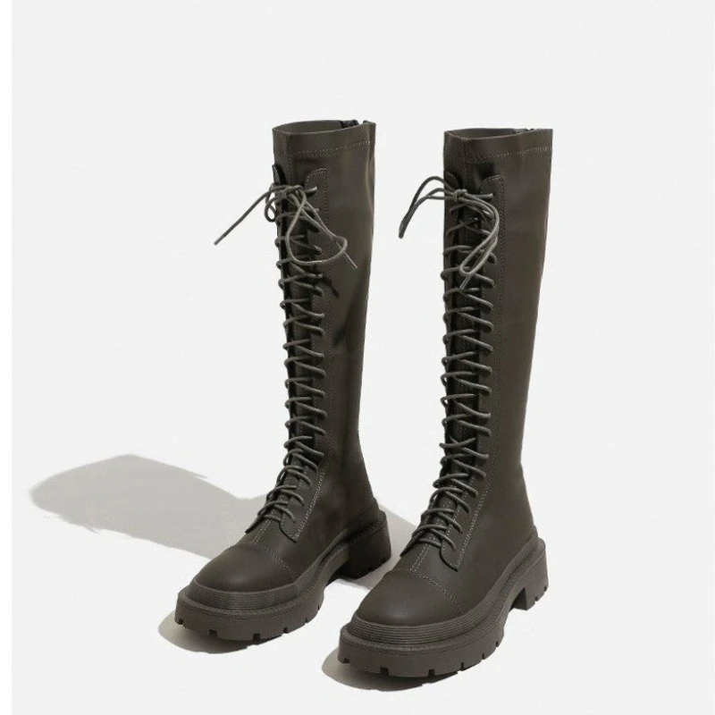 2022 Elegant Ladies Knee-High Boots Lace Up Round Toe Outdoor Female Casual Shoes Cross-tied Zippers Fashion Women Long Boots