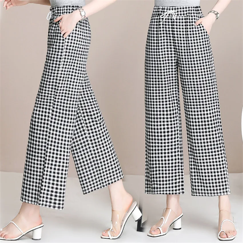 

Gowyimmes 2022 Summer Plus Size Casual Women Wide Leg Pants Black White Plaid Trousers Female Elastic Ankle-length Pant PD1238